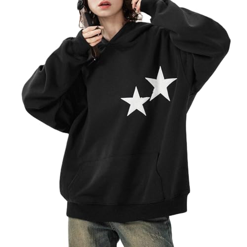 Yassiglia Kapuzenpullover Damen Oversize Hoodie Y2k Stern Druck Sweatshirt mit Kapuze Herbst Winter Pullover für Teenager Mädchen Loose Fit Langarm Tops (Schwarz-Weiß, L) von Yassiglia