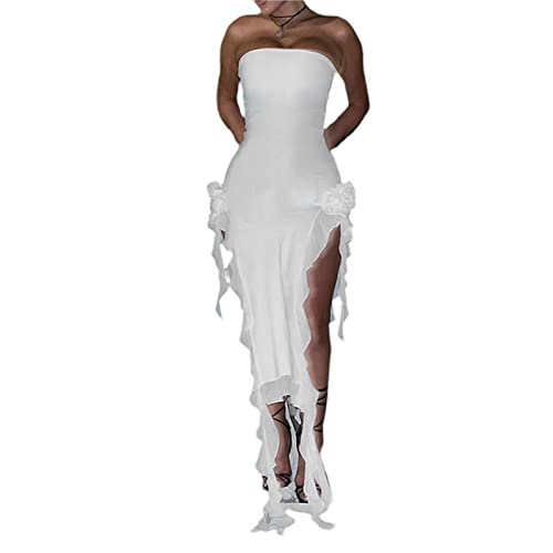 Yassiglia Kleid Damen Elegant Quasten Rüschen Maxikleid Floral Spitzenkleid Rückenfreies Ärmelloses Sommerkleid für Strand Hochzeit Party (Weiß, S) von Yassiglia