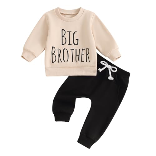 Yassiglia Kleinkind Junge Kleidung Set Big Bro Little Bro Matching Outfit Großer Bruder Langarm Shirt + Hose Herbst Bekleidungssets für Baby Jungen (Aprikose Schwarz Big, 12_months) von Yassiglia