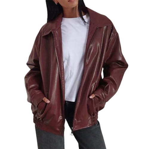 Yassiglia Kunstlederjacke Damen Basic Einfarbige Umlegkragen Lederjacke Zip Up Motorrad Biker Jacke Elegante Kunstleder Jacke PU Leder Mantel (Weinrot, L) von Yassiglia