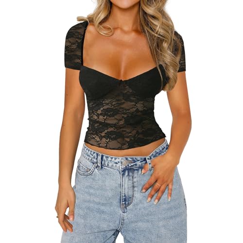 Yassiglia Kurzarm Spitzen Oberteile Damen Sexy Lace Mesh Top Elegant Slim Fit Shirt Mit Spizte Y2K Crop Tops Für Teenager Mädchen (C-Schwarz, L) von Yassiglia