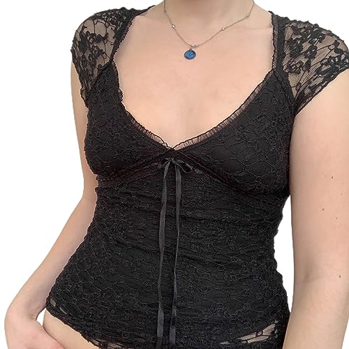 Yassiglia Kurzarm Spitzen Oberteile Damen Sexy Lace Mesh Top Elegant Slim Fit Shirt Mit Spizte Y2K Crop Tops Für Teenager Mädchen (Schwarz, M) von Yassiglia