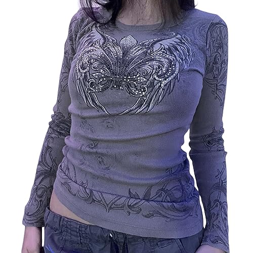 Yassiglia Langarmshirt Damen Eng Elegante Oberteile Y2K Langarm Crop Top Slim Fit Pullover 90s E-Girl Tops Harajuku Punk Oberteil Vintage Shirt Streetwear (Grau B, M) von Yassiglia