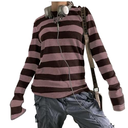 Yassiglia Langarmshirt Damen Y2K Langarm Top Vintage Gothic Oberteil Leicht Oversize Pullover Loose Fit Sweatshirt Harajuku Punk Shirts für Teenager Mädchen (Rosa Weinrot, M) von Yassiglia