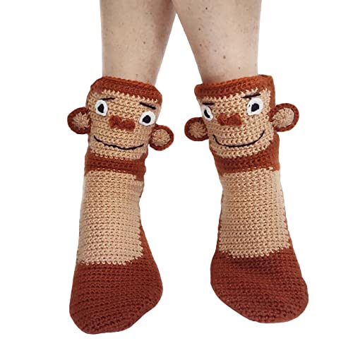 Yassiglia Lustige Socken 3D Cartoon Tier Gestrickte Socken Warme Dicke Wintersocken Stricksocken für Damen Her人Kinder Herbst Winter Rutschfeste Bodensocken (Kinder-Braun Affe, One Size) von Yassiglia