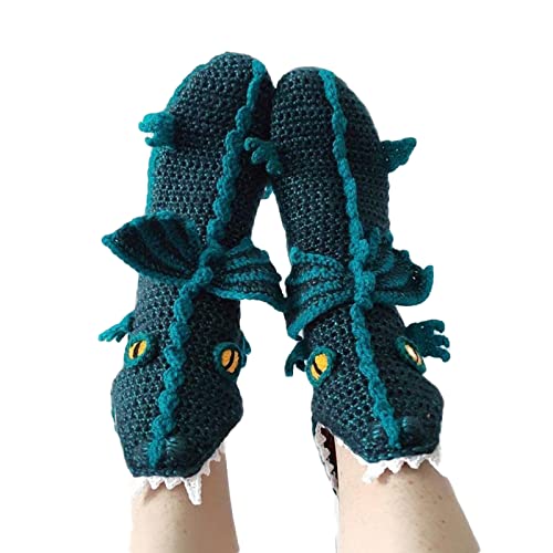 Yassiglia Lustige Socken Warme Dicke Wintersocken 3D Tier Muster Handgestrickte Stoppersocken Winter Bodensocken Weihnachten Socken für Damen Herren Kinder (Erwachsene-Blau Drache, Free Size) von Yassiglia