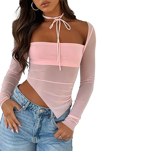 Yassiglia Mesh Oberteil Damen Sexy Durchsichtig Spitzen Oberteile Elegant Eng Langarmshirt Y2K Crop Top Langarm Unterhemd Leichte Tops Party Outfit (A-Rosa, S) von Yassiglia