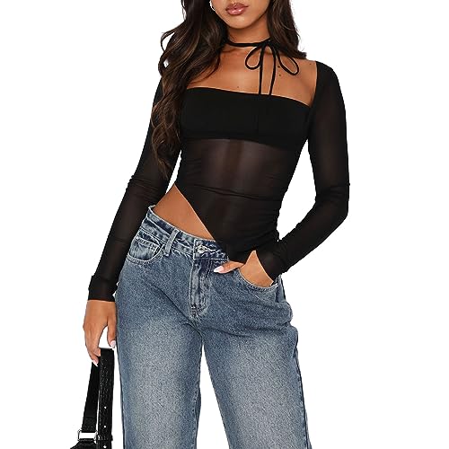 Yassiglia Mesh Oberteil Damen Sexy Durchsichtig Spitzen Oberteile Elegant Eng Langarmshirt Y2K Crop Top Langarm Unterhemd Leichte Tops Party Outfit (A-Schwarz, L) von Yassiglia