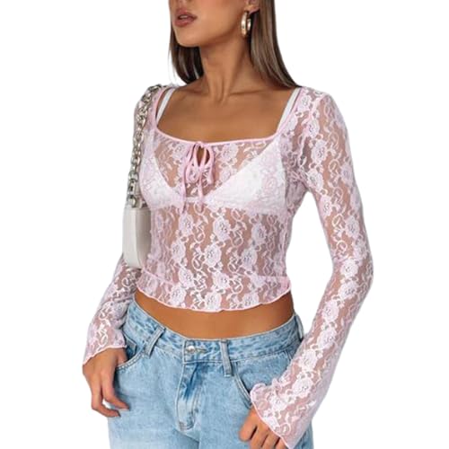 Yassiglia Mesh Oberteil Damen Sexy Durchsichtig Spitzen Oberteile Elegant Eng Langarmshirt Y2K Crop Top Langarm Unterhemd Leichte Tops Party Outfit (B-Rosa, L) von Yassiglia