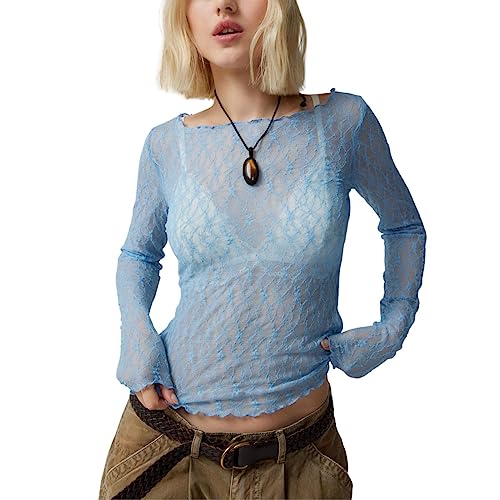 Yassiglia Mesh Oberteil Damen Sexy Durchsichtig Spitzen Oberteile Elegant Eng Langarmshirt Y2K Crop Top Langarm Unterhemd Leichte Tops Party Outfit (Blau, L) von Yassiglia