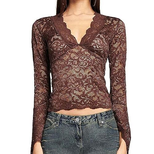 Yassiglia Mesh Oberteil Damen Sexy Durchsichtig Spitzen Oberteile Elegant Eng Langarmshirt Y2K Crop Top Langarm Unterhemd Leichte Tops Party Outfit (Kaffee, L) von Yassiglia