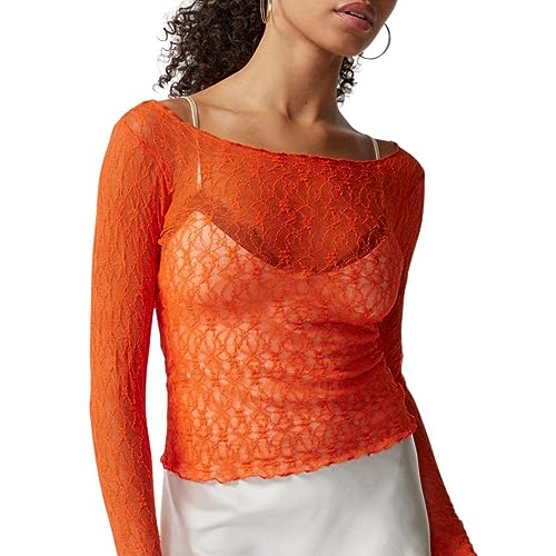 Yassiglia Mesh Oberteil Damen Sexy Durchsichtig Spitzen Oberteile Elegant Eng Langarmshirt Y2K Crop Top Langarm Unterhemd Leichte Tops Party Outfit (Orange, M) von Yassiglia