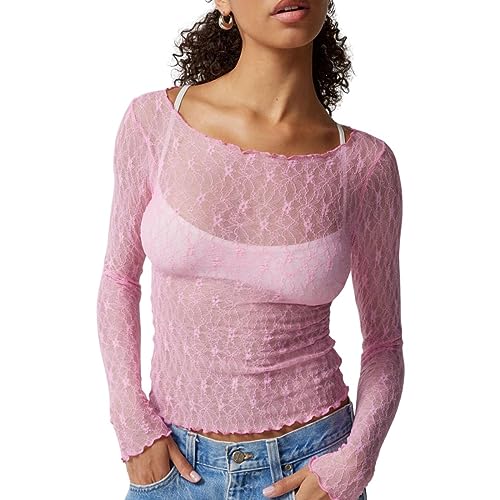 Yassiglia Mesh Oberteil Damen Sexy Durchsichtig Spitzen Oberteile Elegant Eng Langarmshirt Y2K Crop Top Langarm Unterhemd Leichte Tops Party Outfit (Rosa, L) von Yassiglia