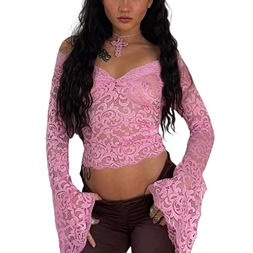 Yassiglia Mesh Oberteil Damen Sexy Durchsichtig Spitzen Oberteile Elegant Eng Langarmshirt Y2K Crop Top Langarm Unterhemd Leichte Tops Party Outfit (Rosa A, L) von Yassiglia