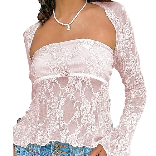 Yassiglia Mesh Oberteil Damen Sexy Durchsichtig Spitzen Oberteile Elegant Eng Langarmshirt Y2K Crop Top Langarm Unterhemd Leichte Tops Party Outfit (Rosa Set, S) von Yassiglia