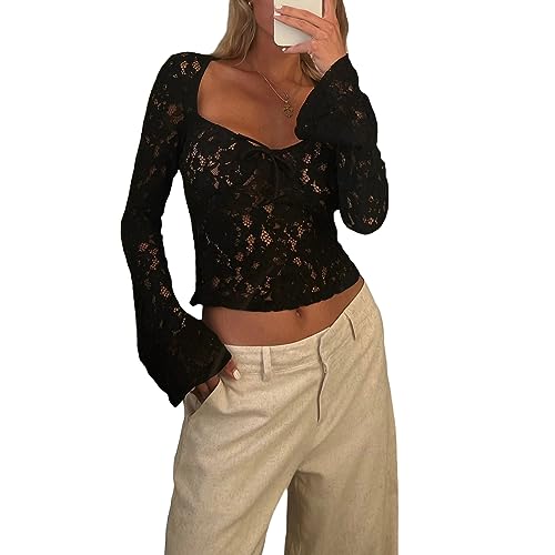 Yassiglia Mesh Oberteil Damen Sexy Durchsichtig Spitzen Oberteile Elegant Eng Langarmshirt Y2K Crop Top Langarm Unterhemd Leichte Tops Party Outfit (Schwarz B, M) von Yassiglia