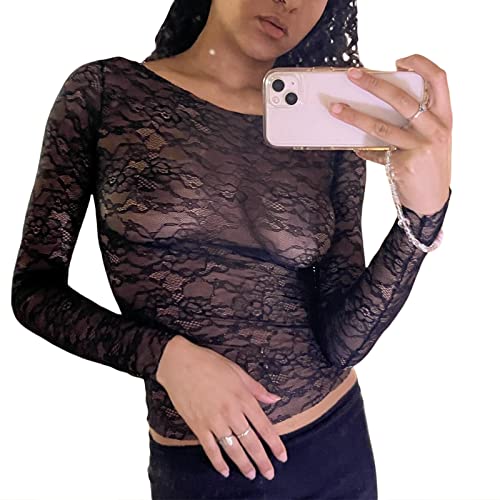 Yassiglia Mesh Oberteil Damen Sexy Durchsichtig Spitzen Oberteile Elegant Eng Langarmshirt Y2K Crop Top Langarm Unterhemd Leichte Tops Party Outfit (Schwarz D, L) von Yassiglia