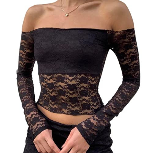 Yassiglia Mesh Oberteil Damen Sexy Durchsichtig Spitzen Oberteile Elegant Eng Langarmshirt Y2K Crop Top Langarm Unterhemd Leichte Tops Party Outfit (Schwarz H, S) von Yassiglia