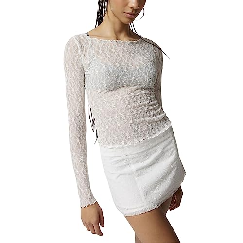 Yassiglia Mesh Oberteil Damen Sexy Durchsichtig Spitzen Oberteile Elegant Eng Langarmshirt Y2K Crop Top Langarm Unterhemd Leichte Tops Party Outfit (Weiß, L) von Yassiglia