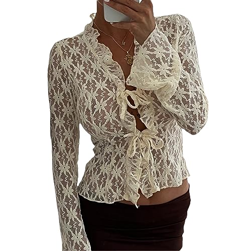 Yassiglia Mesh Oberteil Damen Sexy Durchsichtig Spitzen Oberteile Elegant Eng Langarmshirt Y2K Crop Top Langarm Unterhemd Leichte Tops Party Outfit (Weiß-B, S) von Yassiglia