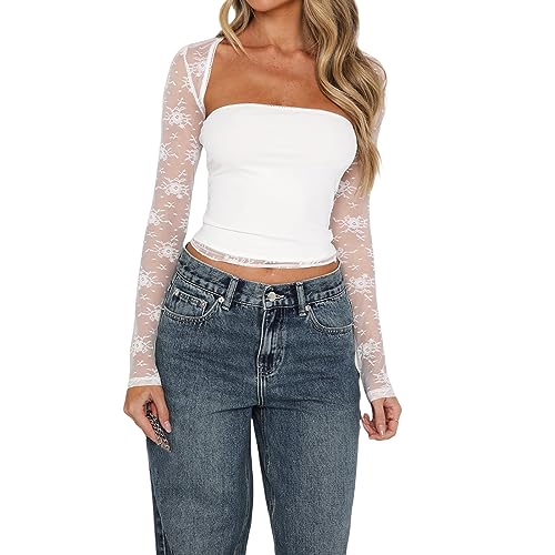 Yassiglia Mesh Oberteil Damen Sexy Durchsichtig Spitzen Oberteile Elegant Eng Langarmshirt Y2K Crop Top Langarm Unterhemd Leichte Tops Party Outfit (Weiß-D, S) von Yassiglia