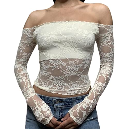 Yassiglia Mesh Oberteil Damen Sexy Durchsichtig Spitzen Oberteile Elegant Eng Langarmshirt Y2K Crop Top Langarm Unterhemd Leichte Tops Party Outfit (Weiß F, S) von Yassiglia