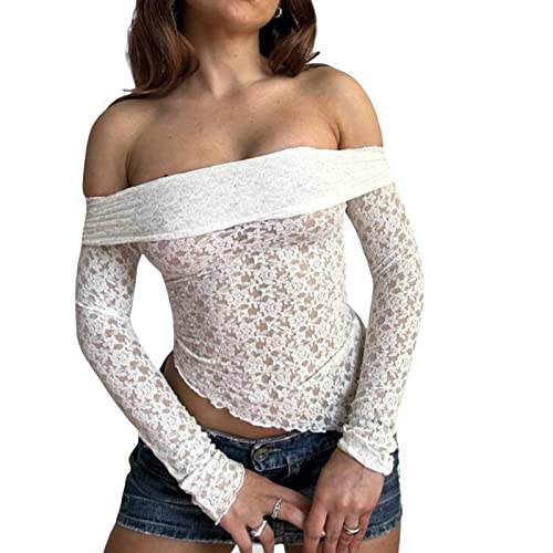 Yassiglia Mesh Oberteil Damen Sexy Durchsichtig Spitzen Oberteile Elegant Eng Langarmshirt Y2K Crop Top Langarm Unterhemd Leichte Tops Party Outfit (weiß schulterfrei A, S) von Yassiglia