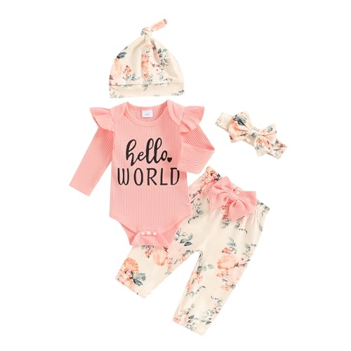 Yassiglia Neugeborene Baby Mädchen Kleidung Set Langarm Strampler + Blumen Hose + Mütze Stirnband Weiches Babyset Outfit (Dunkel Rosa, Neugeborene) von Yassiglia