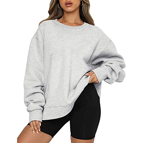 Yassiglia Oversize Pullover Damen Elegant Sweatshirt ohne Kapuze Fleece Oberteile Herbst Winter Verdickt Warm Pulli Y2K Hoodie für Teenager Mädchen (Grau A, M) von Yassiglia