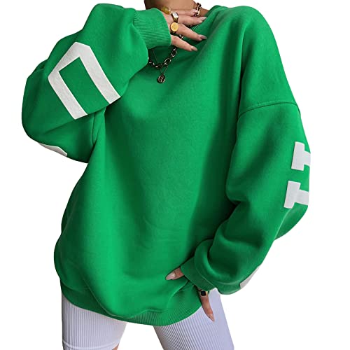 Yassiglia Oversize Pullover Damen Elegant Sweatshirt ohne Kapuze Fleece Oberteile Herbst Winter Verdickt Warm Pulli Y2K Hoodie für Teenager Mädchen (Grün, M) von Yassiglia