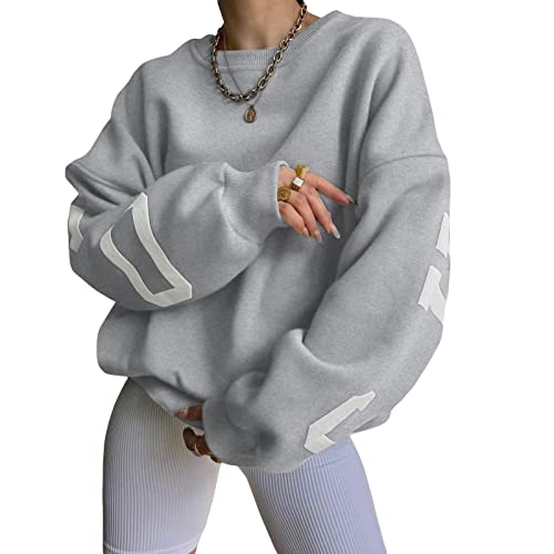 Yassiglia Oversize Pullover Damen Elegant Sweatshirt ohne Kapuze Fleece Oberteile Herbst Winter Verdickt Warm Pulli Y2K Hoodie für Teenager Mädchen (Hellgrau, M) von Yassiglia