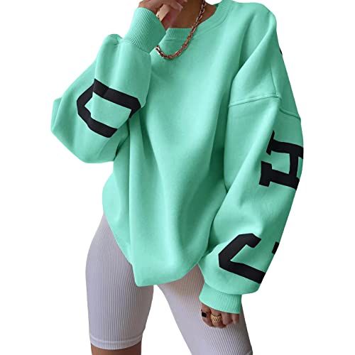 Yassiglia Oversize Pullover Damen Elegant Sweatshirt ohne Kapuze Fleece Oberteile Herbst Winter Verdickt Warm Pulli Y2K Hoodie für Teenager Mädchen (Hellgrün, L) von Yassiglia