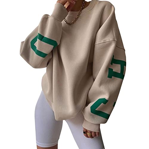 Yassiglia Oversize Pullover Damen Elegant Sweatshirt ohne Kapuze Fleece Oberteile Herbst Winter Verdickt Warm Pulli Y2K Hoodie für Teenager Mädchen (Khaki, L) von Yassiglia