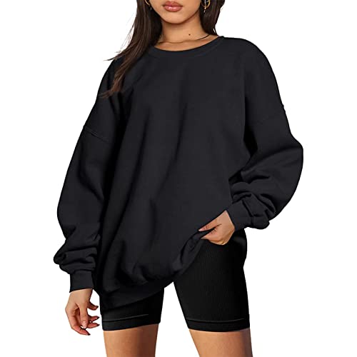 Yassiglia Oversize Pullover Damen Elegant Sweatshirt ohne Kapuze Fleece Oberteile Herbst Winter Verdickt Warm Pulli Y2K Hoodie für Teenager Mädchen (Schwarz A, L) von Yassiglia