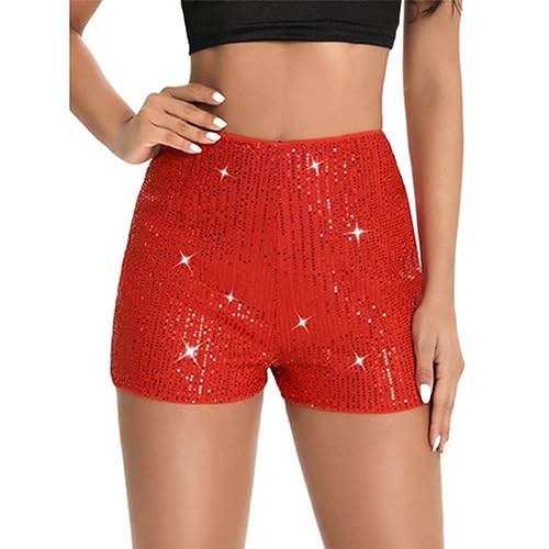 Yassiglia Pailletten Shorts Damen Sexy Bodycon Kurze Hose Sommer Hohe Taille Stretch Kurzhose Retro Glänzende Shorts Club Party Y2K Outfit (Rot, L) von Yassiglia