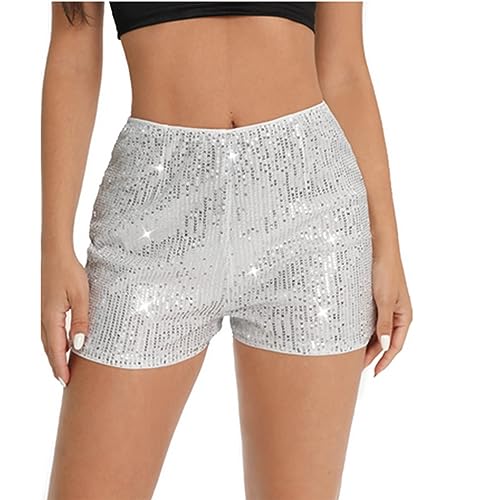 Yassiglia Pailletten Shorts Damen Sexy Bodycon Kurze Hose Sommer Hohe Taille Stretch Kurzhose Retro Glänzende Shorts Club Party Y2K Outfit (Weiß, M) von Yassiglia