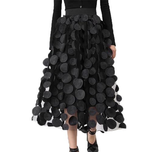 Yassiglia Rock Damen Elegant Karneval Tüllrock Tutu Mesh Fairy Rock Elastische A-Linie Lang Rock Einfarbig 3D Dot Tüll Röcke für Mädchen Fasching Kostüm (Schwarz, One Size) von Yassiglia