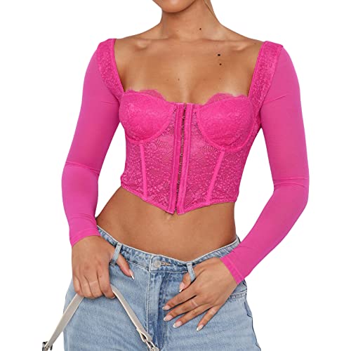 Yassiglia Sexy Bauchfreie Tops Damen Durchsichtig Mesh Langarmshirt Slim Fit Low Cut Crop Top Langarm Spitzen Patchwork Oberteile Elegante Party Shirts Streetwear (A-Rosa, S) von Yassiglia