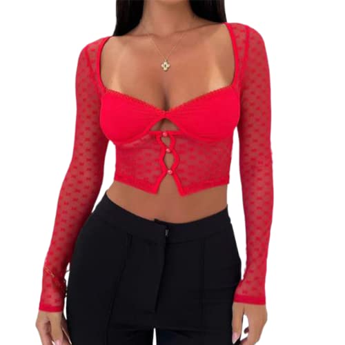 Yassiglia Sexy Bauchfreie Tops Damen Durchsichtig Mesh Langarmshirt Slim Fit Low Cut Crop Top Langarm Spitzen Patchwork Oberteile Elegante Party Shirts Streetwear (Rot, M) von Yassiglia