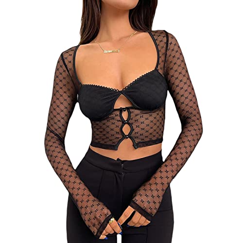 Yassiglia Sexy Bauchfreie Tops Damen Durchsichtig Mesh Langarmshirt Slim Fit Low Cut Crop Top Langarm Spitzen Patchwork Oberteile Elegante Party Shirts Streetwear (Schwarz, L) von Yassiglia