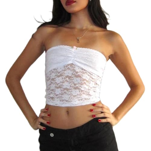 Yassiglia Sexy Lace Tube Top Sommer Elegant Bandeau Top Y2K Ärmellose Schulterfrei Crop Top Trägerlose Spitzen Patchwork Oberteile (Weiß, S) von Yassiglia