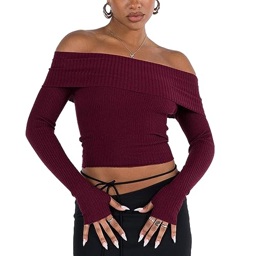 Yassiglia Sexy Schulterfreies Oberteil Damen Y2K Gestricktes Langarmshirt Slim Fit Strickpullover Elegant Langarm Crop Top Warm Long Sleeve Off Shoulder Shirt (Weinrot A, M) von Yassiglia