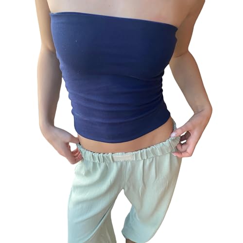 Yassiglia Sommer Bandeau Top Damen Schulterfrei Crop Tops Ärmellos Rückenfrei Oberteil Frühling Basic Unterhemd Tube Top Slim Fit Skims Dupe (Dunkel Blau, M) von Yassiglia