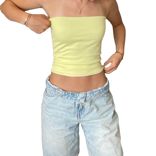 Yassiglia Sommer Bandeau Top Damen Schulterfrei Crop Tops Ärmellos Rückenfrei Oberteil Frühling Basic Unterhemd Tube Top Slim Fit Skims Dupe (Gelb, L) von Yassiglia