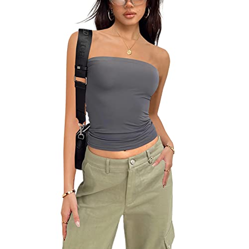 Yassiglia Sommer Bandeau Top Damen Schulterfrei Crop Tops Ärmellos Rückenfrei Oberteil Frühling Basic Unterhemd Tube Top Slim Fit Skims Dupe (Grau, L) von Yassiglia
