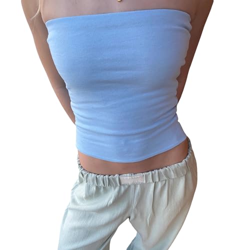 Yassiglia Sommer Bandeau Top Damen Schulterfrei Crop Tops Ärmellos Rückenfrei Oberteil Frühling Basic Unterhemd Tube Top Slim Fit Skims Dupe (Hell Blau, L) von Yassiglia