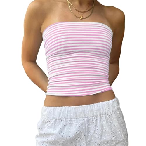 Yassiglia Sommer Bandeau Top Damen Schulterfrei Crop Tops Ärmellos Rückenfrei Oberteil Frühling Basic Unterhemd Tube Top Slim Fit Skims Dupe (Rosa Gestreift, M) von Yassiglia