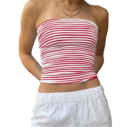 Yassiglia Sommer Bandeau Top Damen Schulterfrei Crop Tops Ärmellos Rückenfrei Oberteil Frühling Basic Unterhemd Tube Top Slim Fit Skims Dupe (Rot Gestreift, S) von Yassiglia