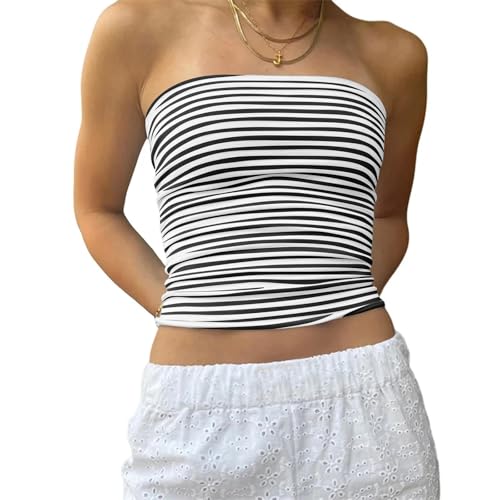 Yassiglia Sommer Bandeau Top Damen Schulterfrei Crop Tops Ärmellos Rückenfrei Oberteil Frühling Basic Unterhemd Tube Top Slim Fit Skims Dupe (Schwarz Gestreift, S) von Yassiglia