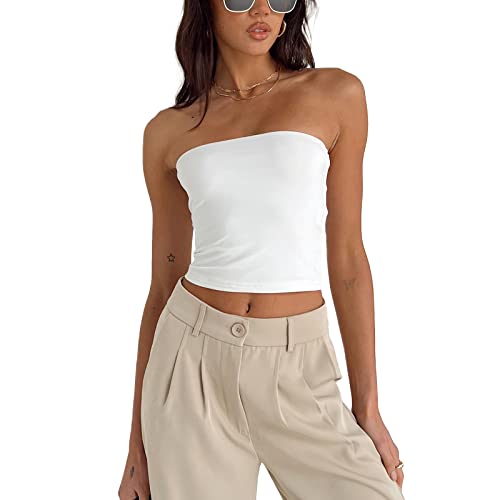 Yassiglia Sommer Bandeau Top Damen Schulterfrei Crop Tops Ärmellos Rückenfrei Oberteil Frühling Basic Unterhemd Tube Top Slim Fit Skims Dupe (Weiß, XL) von Yassiglia